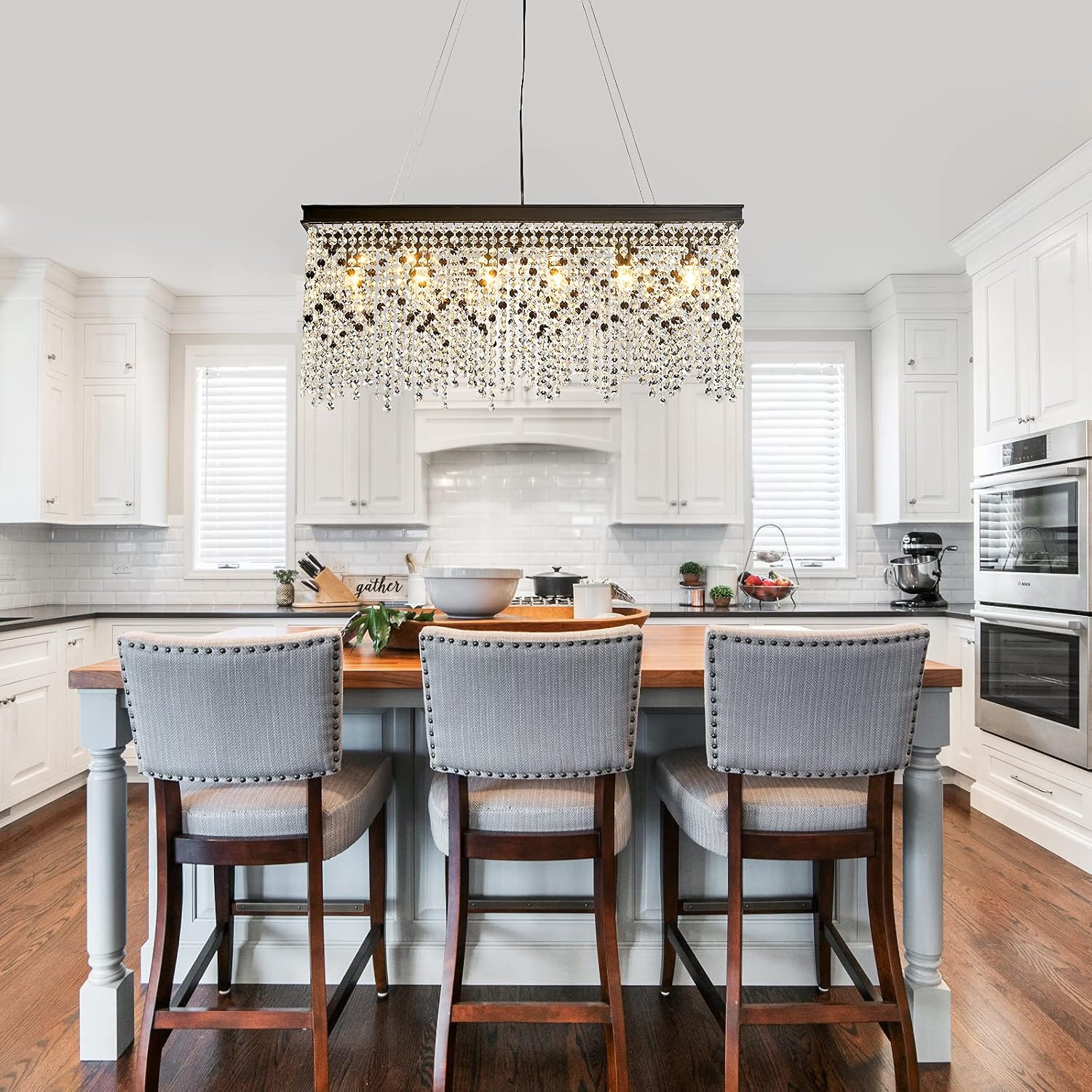 Q&S Black Modern Crystal Chandelier,L30 6-Light Luxury Rectangle Chandelier Light Fixtures for Dining Room Kitchen Island Bar UL Listed