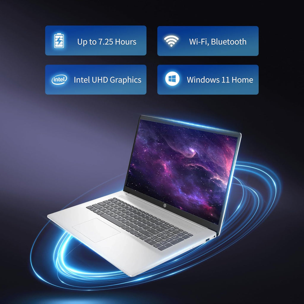 HP 17.3 inch Laptop, Intel Core i3 Processor, Anti-Glare HD+ Display, Intel UHD Graphics, 32GB RAM, 1TB SSD, Windows 11 Home, Webcam, Wi-Fi, Bluetooth, Natural Silver, Alpacatec Accessories