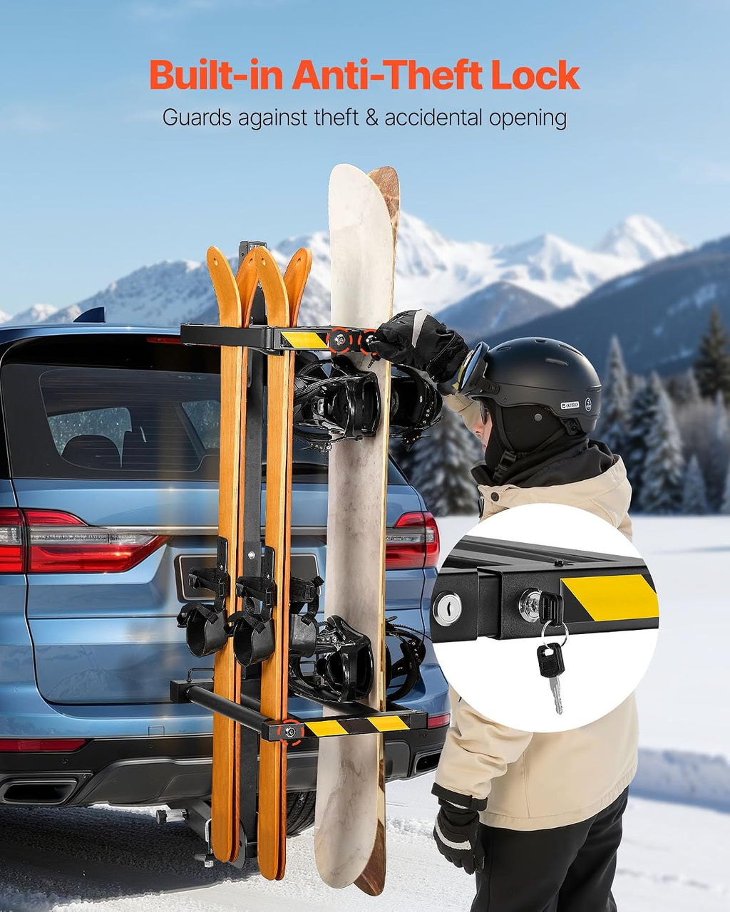 VEVOR Folding Hitch Mounted Ski & Snowboard Rack, Fits 2-Inch Receiver, Carries up to 6 Pairs of Skis or 4 Snowboards, Adjustable Hitch-Mounted Rack for Car with Key Lock, Security Strap, Tilt Access