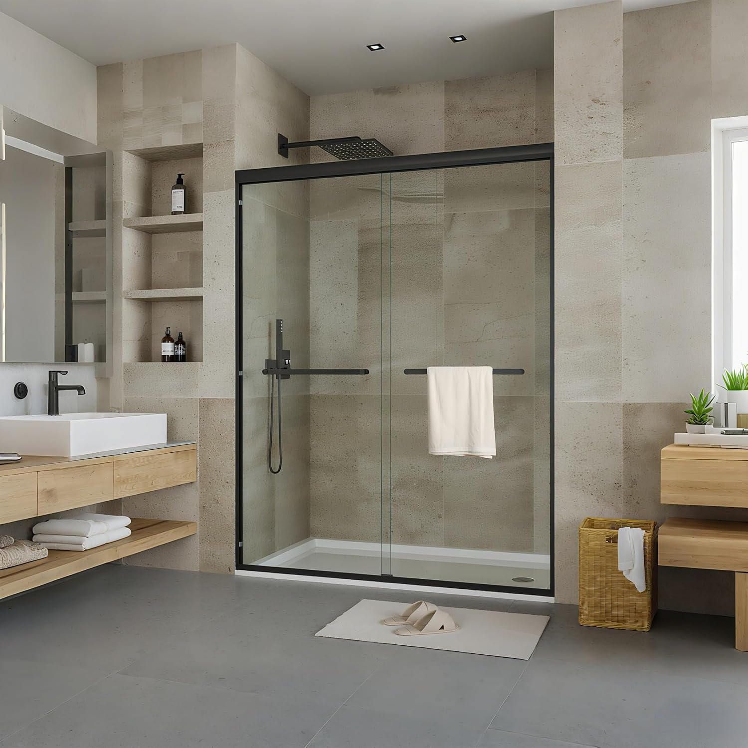 Sliding Glass Shower Door 44–48 Inch W x 72 Inch H, Shower Sliding Glass Door with 8mm Tempered Glass, Double Sliding Shower Door, Matte Black Shower Glass Door for Bathroom