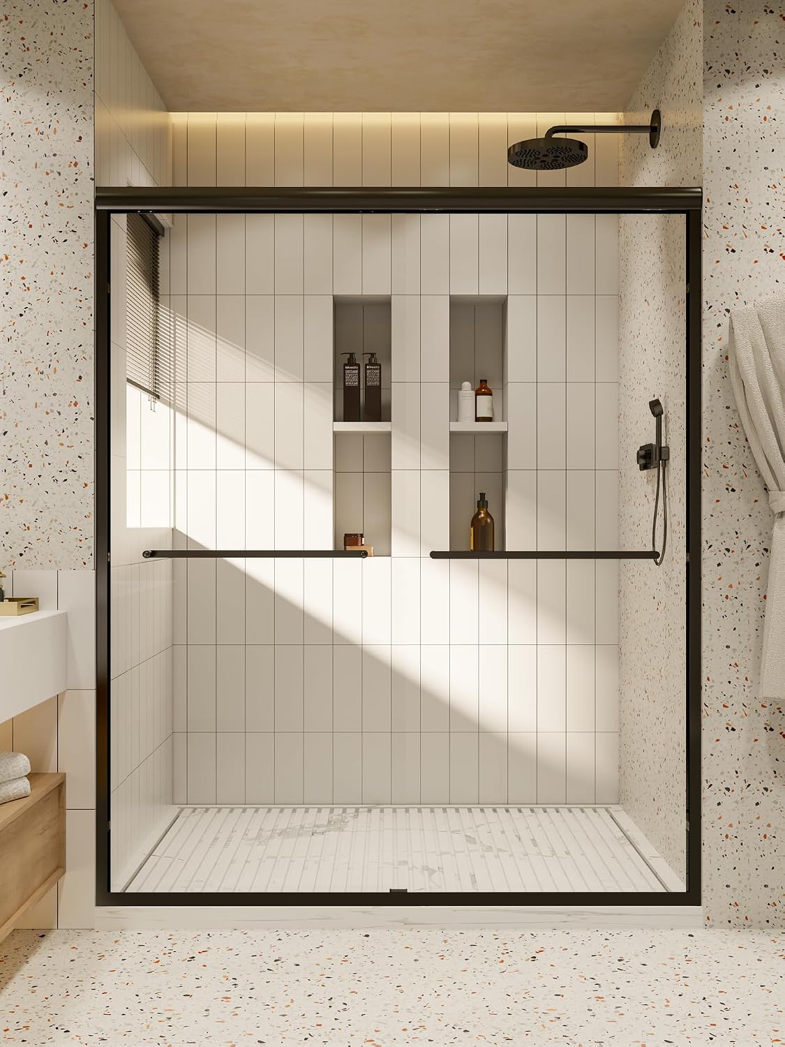 Glass Shower Doors, 56' - 60' W x 72' H Double Sliding Shower Door, Aluminum Semi-Frameless & 1/4'(6mm) Clear Tempered Glass Bypass Shower Door for Walk in Shower, Matte Black