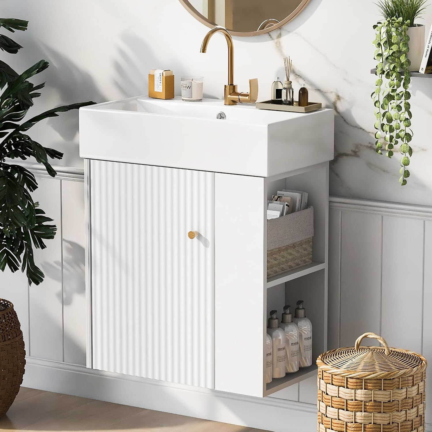 21.6-inch Bathroom Vanity with Sink, Wall-Mounted Vanity Storage Cabinet with One Door & Right Two-Tier Shelf, Solid Wood Organizer with Ceramic Sink for Bathroom, White