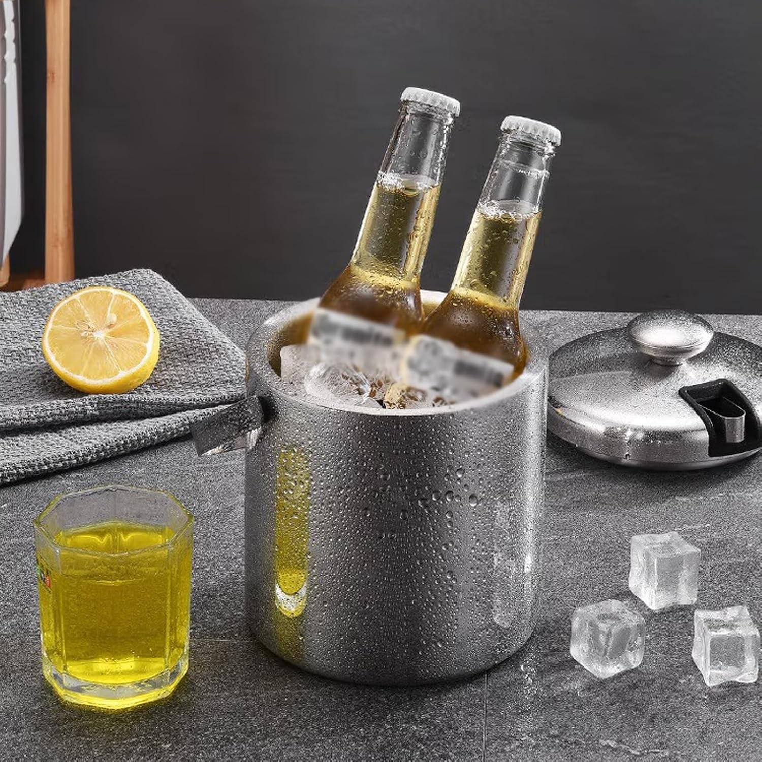 Ice Bucket Ice Bucket for Freezer Ice Bucket with Lid, Tongs and Strainer Double Wall Stainless Steel Insulated Ice Bucket, Ideal for Cocktail Bar, Chilling Wine, Champagne Ice Buckets Party Cooler Dr