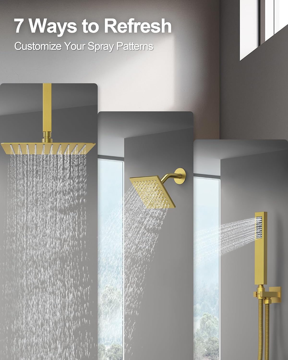 Thermostatic Shower System, 12 Inch Dual Rainfall Shower Heads for Ceilling & Wall Mounted with Handheld Sprayer, Brushed Gold