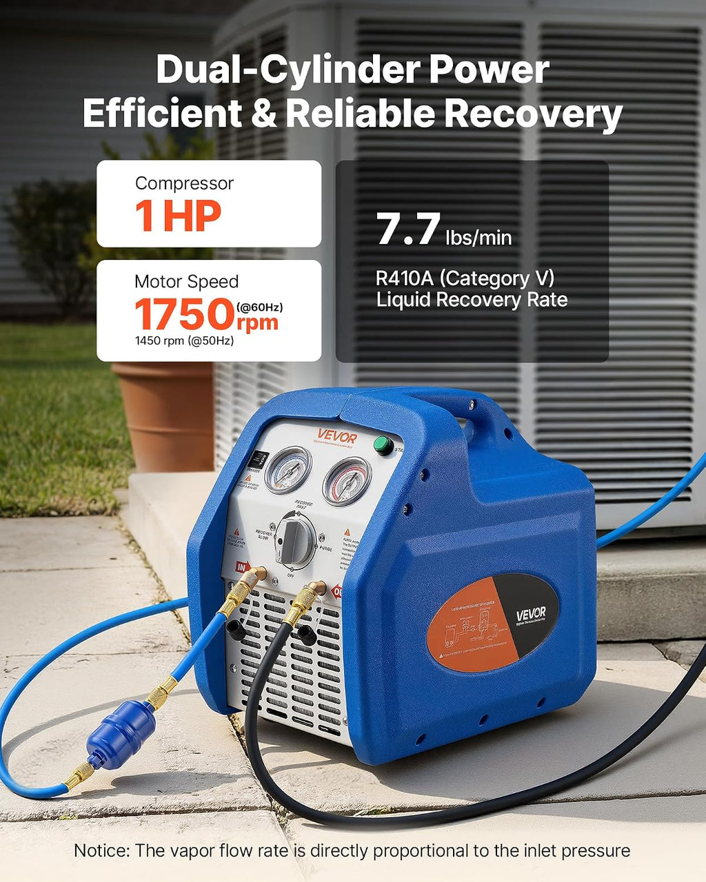 VEVOR Portable Refrigerant Recovery Machine, 1 HP 120V 60Hz Dual Cylinder AC Recovery Machine for Liquid Vapor Refrigerant, 1750 RPM Recycling Unit HVAC for Automotive & Household Air Conditioning
