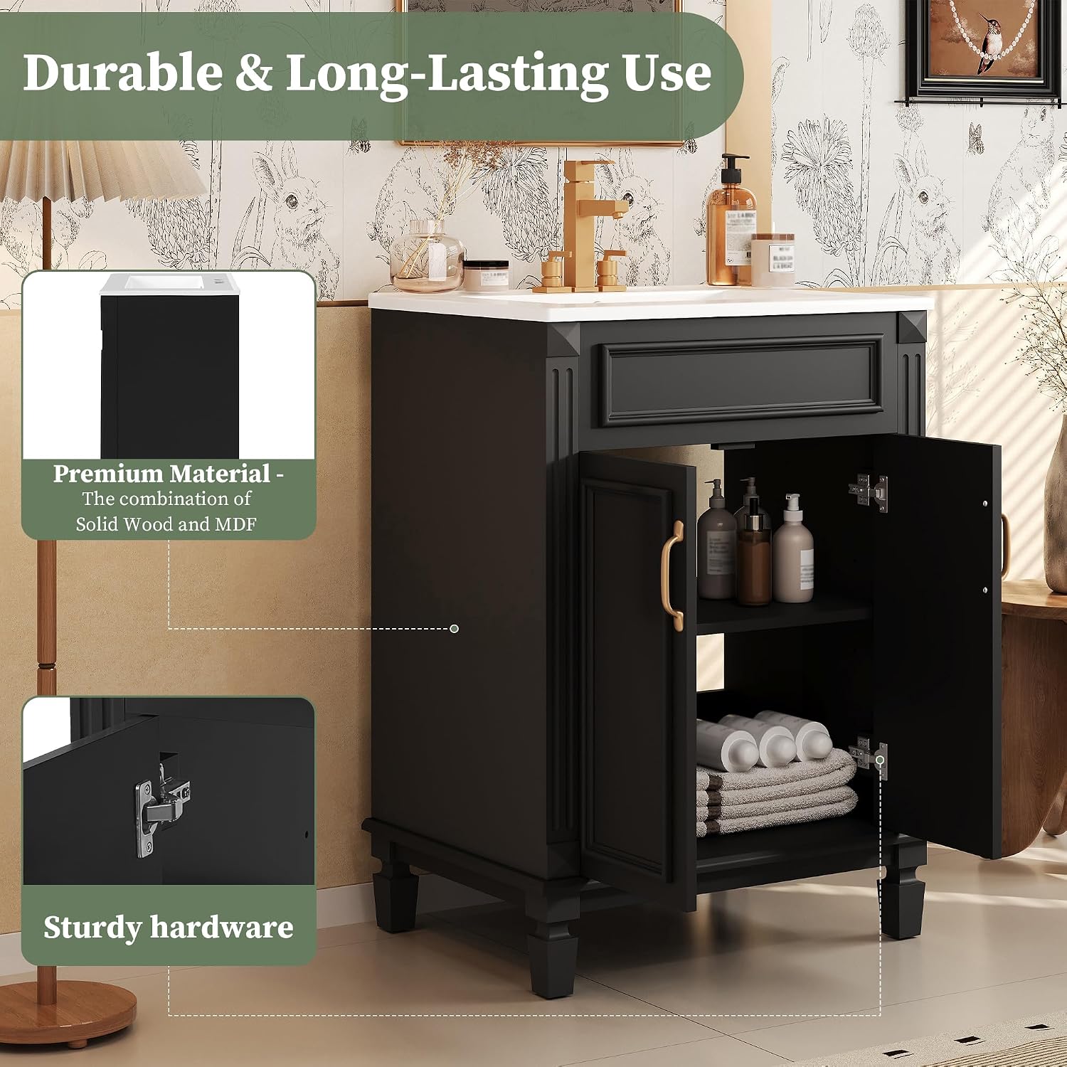 24-inch Bathroom Vanity with Sink Combo, Free-Standing Single Bathroom Storage Cabinet with 2 Soft-Closing Doors and Adjustable Shelf, Wooden Vanity Set with Ceramic Basin for Bathroom (Black)