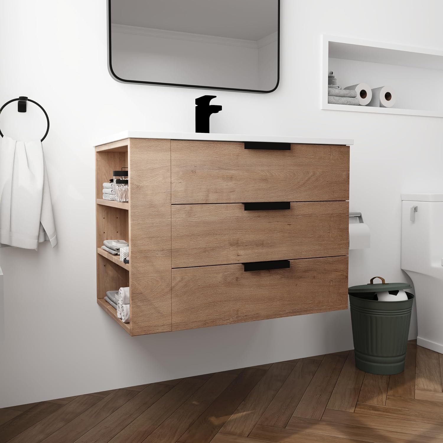 30' Bathroom Vanity with Sink, 30 Inch Floating Vanity with 3 Drawers, Modern Single Sink Bathroom Vanity Combo, Brown Wall Mounted Cabinet Set with Open Shelf (IMO-014, 30''W x 18''D(L))
