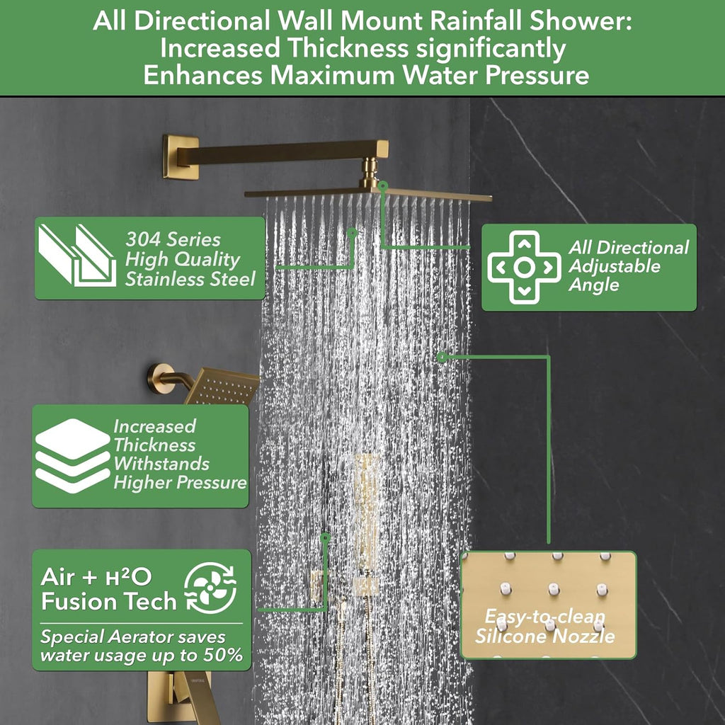 VANFOXLE Shower Faucet Set Brushed Gold Shower System, Push Button Diverter Shower Faucet with 2 in 1 Handheld, Wall Mount 10 Inch Shower Head Increased Thickness with 6 Inch Shower Head
