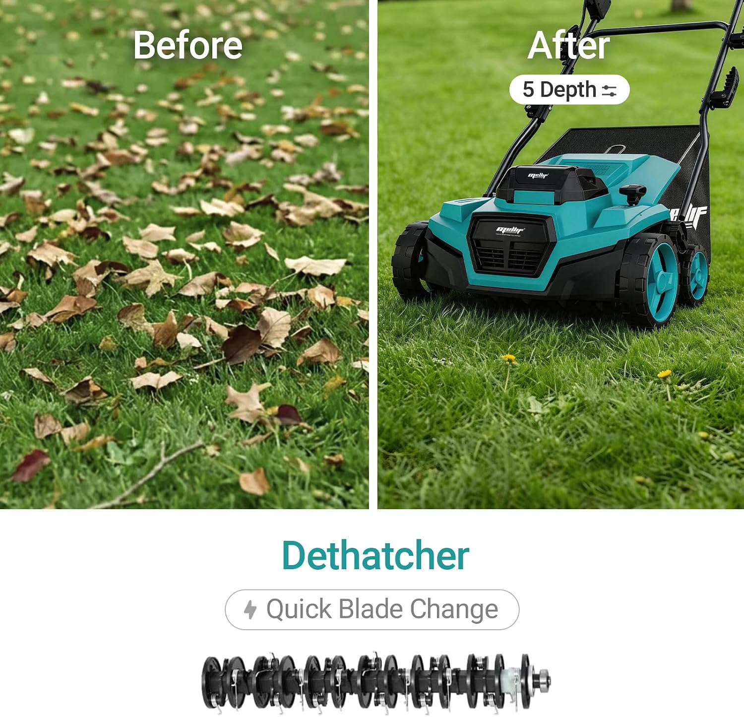 36V 15' Brushless Cordless Electric Dethatcher and Scarifier Compatible with Makita 18V Battery(Tool Only), w/12Gal Thatch Collection Bag, 5-Depth Adjustment, Quick-Fold, Walk Behind for Lawn Care