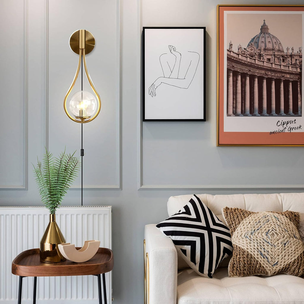 BOKT Set of 2 Plug in Modern Gold Wall Sconces Mid Century Clear Globe Wall Lamps Simple Creative Living Room Wall Light Fixtures for Bedroom, Corridor, Mirror Front