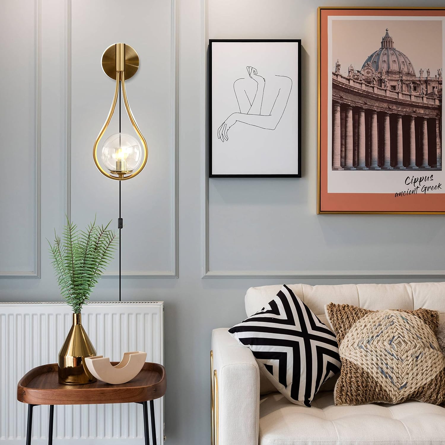 BOKT Set of 2 Plug in Modern Gold Wall Sconces Mid Century Clear Globe Wall Lamps Simple Creative Living Room Wall Light Fixtures for Bedroom, Corridor, Mirror Front