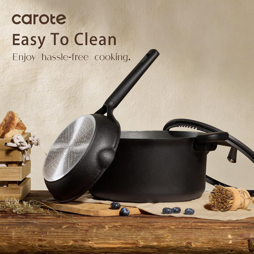 CAROTE 28PCS Pots and Pans Set, Nonstick Cookware Set Kitchen Non Stick Induction Titanium Cookware Non-toxic Granite Cooking set, PFOA Free, Black