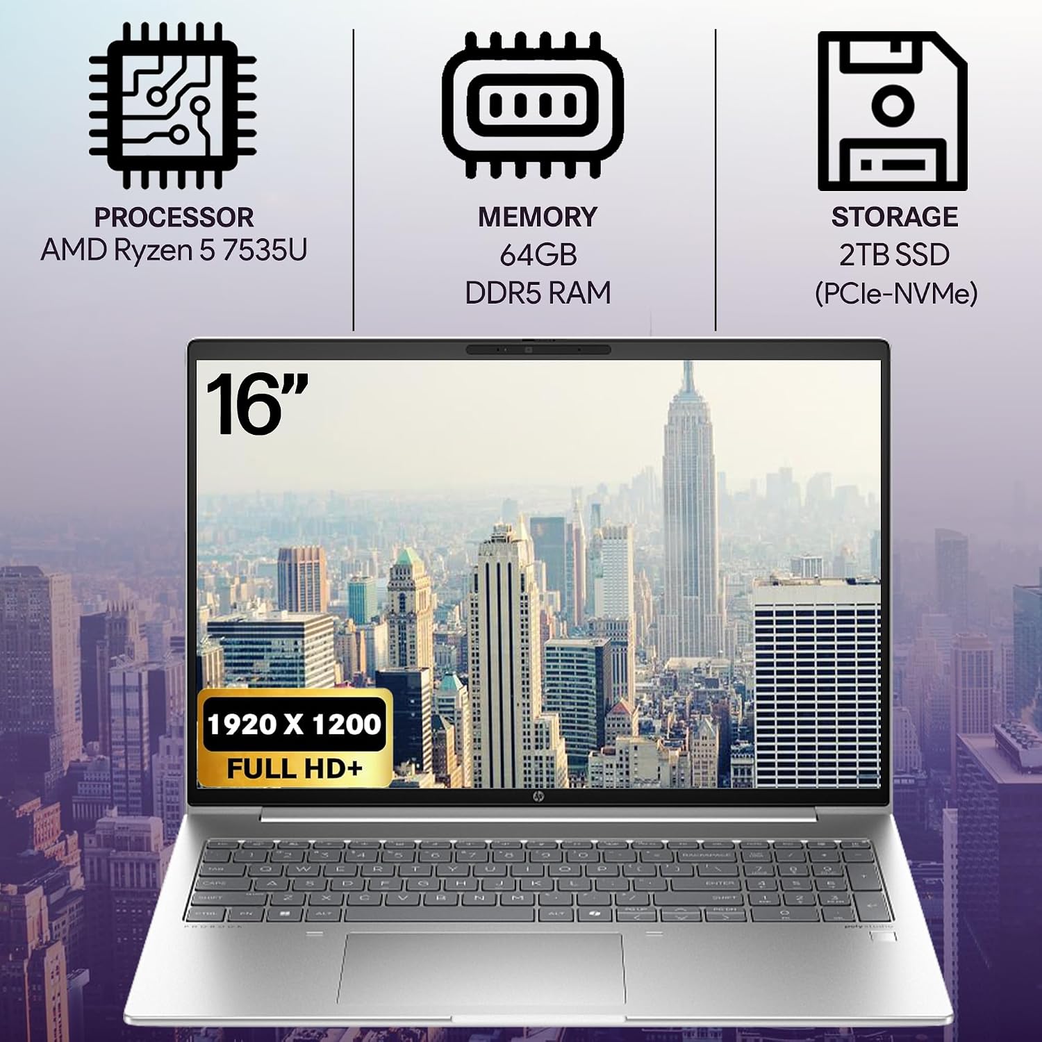 HP ProBook 465 460 G11 Business Laptop 16' FHD+ Display, AMD Ryzen 5 7535U, 64GB DDR5 RAM, 2TB NVMe, Wi-Fi 6E, RJ-45, Webcam, Backlit Keyboard, Win 11 Pro - Pike Silver Plastic