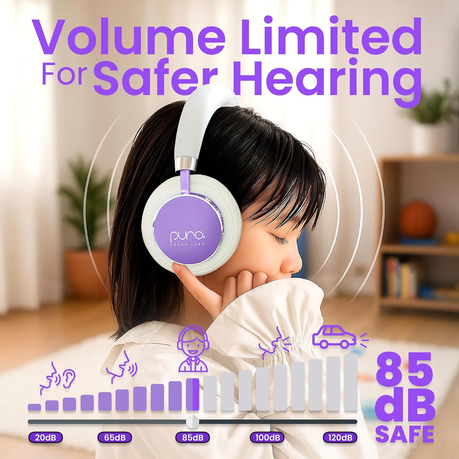 Puro Sound Labs BT2200 Plus Volume Limited Headphones for Kids, Bluetooth, Studio-Grade Audio, Over-Ear & Comfy Design, 20-Hr Battery Life, Easy to Connect Wireless Headphones for Kids, Purple & Pink