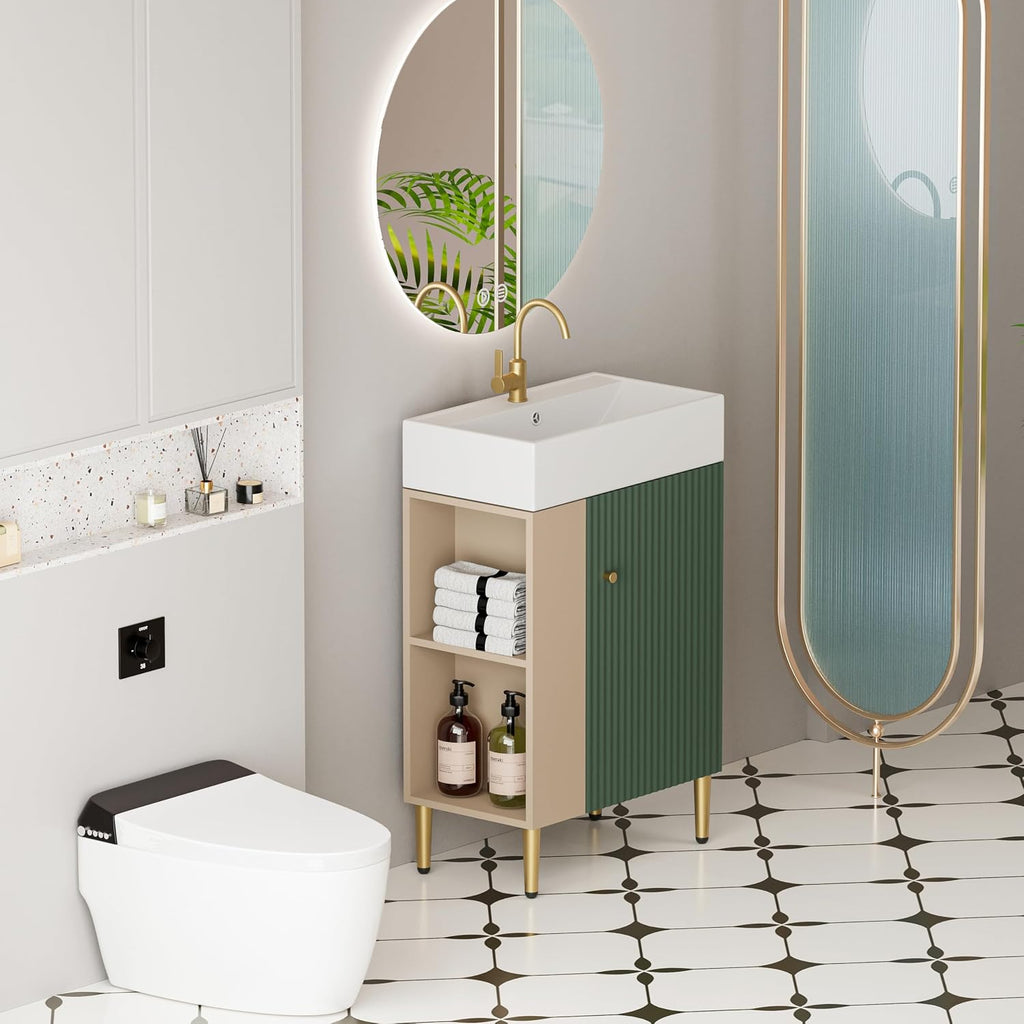 Merax 20 Inch Bathroom Vanity with Sink, Narrow Depth Bathroom Vanities,Wood Vanity Cabinet,Soft Closing Door,Freestanding Sink Cabinet W/Open Side Shelves, Dark Green