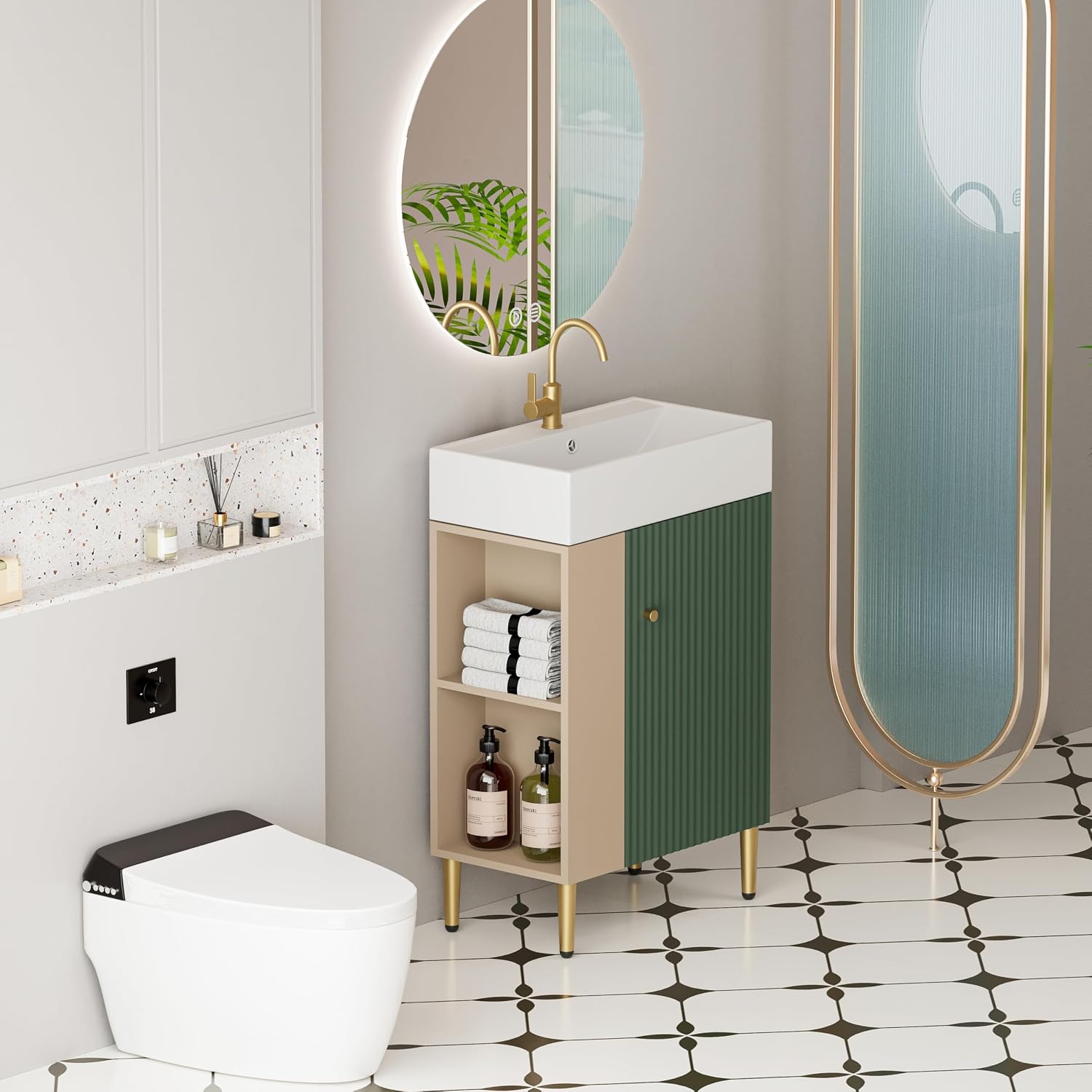 Merax 20 Inch Bathroom Vanity with Sink, Narrow Depth Bathroom Vanities,Wood Vanity Cabinet,Soft Closing Door,Freestanding Sink Cabinet W/Open Side Shelves, Dark Green