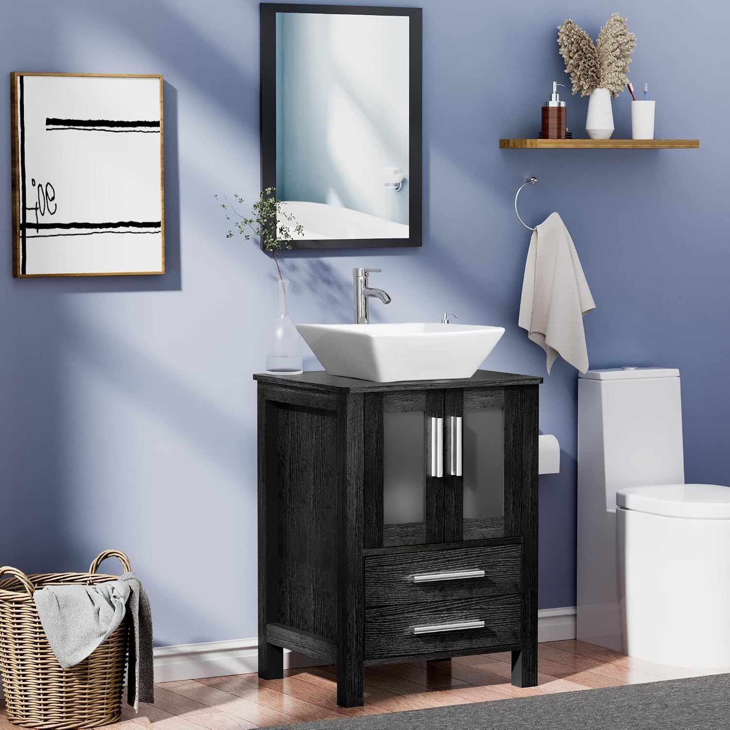 UEV 24' Black Bathroom Vanity with Ceramic Vessel Sink, Modern Bathroom Vanity Cabinet, Pop Up Drain and 30% Water-Saving Design, Faucet, Soft Closing Drawers/Doors, Mirror Not Included(A07)