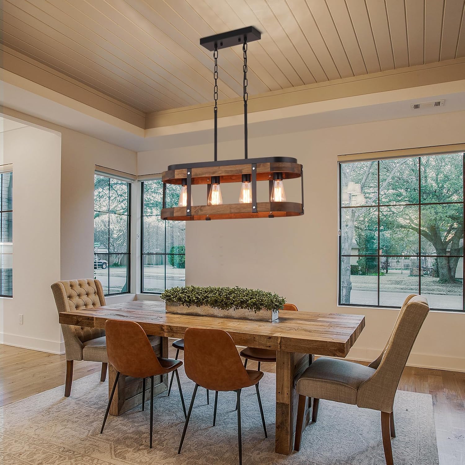 Rustic Farmhouse Wood Kitchen Island Lighting, 4 Lights Rectangular Pendant Light Fixture, Adjustable Rods Oak Wood and Metal Linear Chandelier for Kitchen Island Farmhouse Dining Room, Black