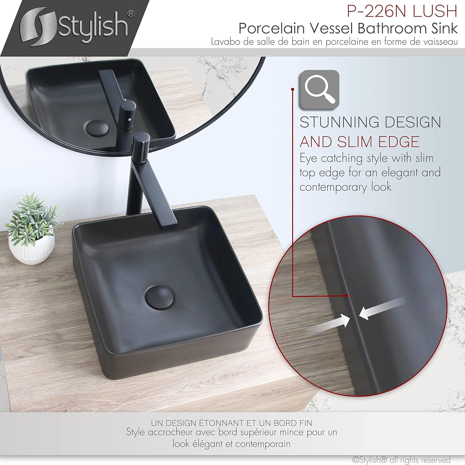 Stylish Vessel Sink 14.5 x 14.5 Inch Square Porcelain Over the Counter Black Bathroom Sink Enamel Glaze Finish Smooth and Stain Resistant Non Porous Surface, P-226N