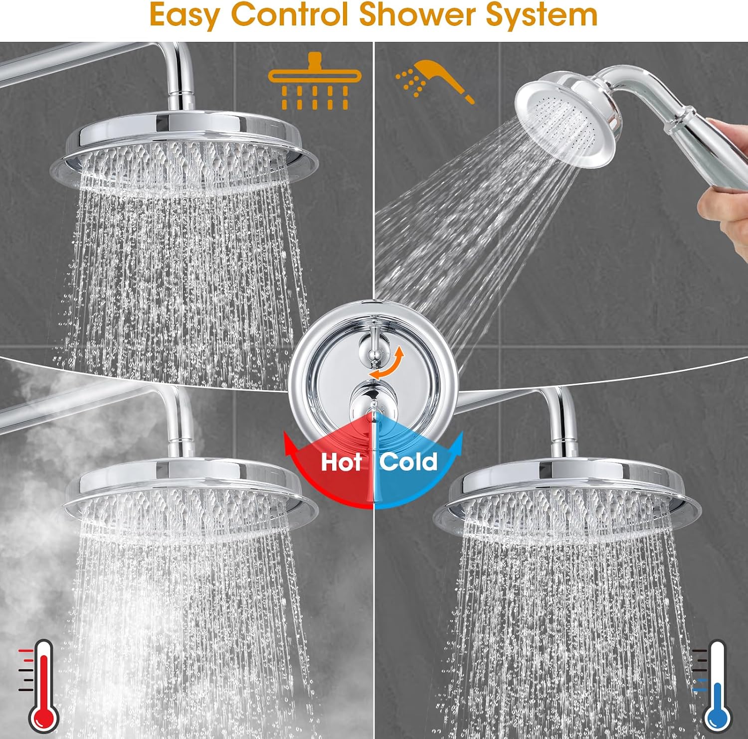 Chrome Rain Shower Heads with Handheld Spray Combo, Rain Shower System with Balance Pressure Valve, 9 inch Bathroom Luxury Rain Fall Shower Head with Antique Handshower Wall Mount, (B2312-CP)