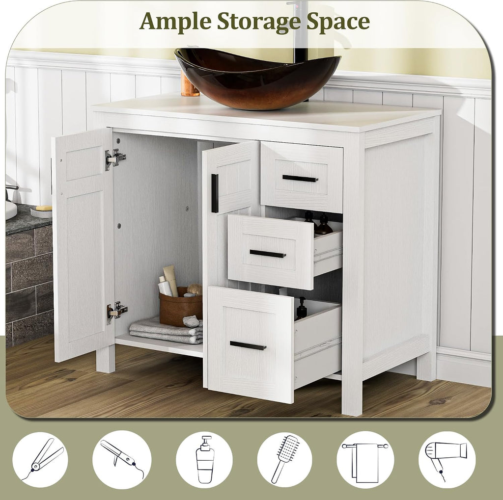 UEV 36' Bathroom Vanity with Sink Combo,Modern Freestanding Sink Cabinet with 3 Drawers,Stylish Bathroom Vanity Cabinet,Grooved Door,Metal Handles,Vessel Sink (Bronze Boat, 36' White)