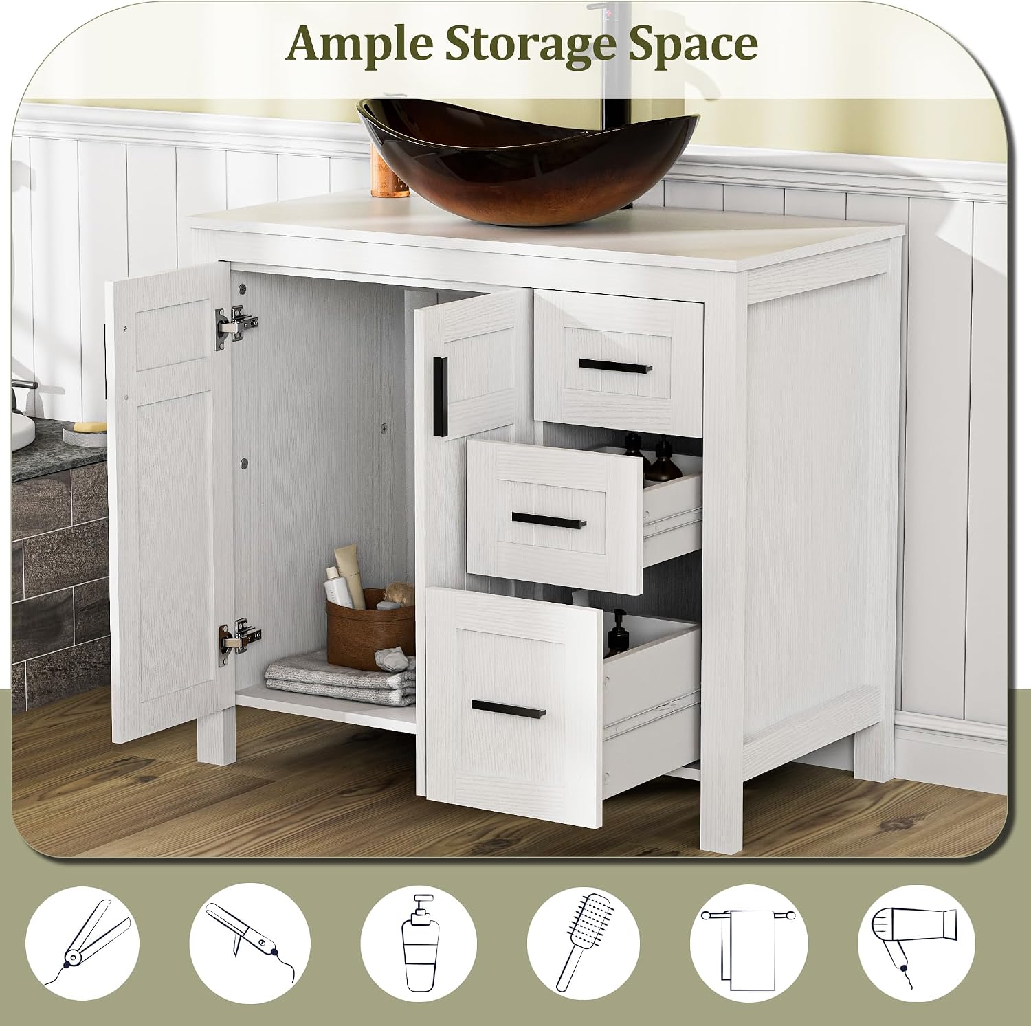 UEV 36' Bathroom Vanity with Sink Combo,Modern Freestanding Sink Cabinet with 3 Drawers,Stylish Bathroom Vanity Cabinet,Grooved Door,Metal Handles,Vessel Sink (Bronze Boat, 36' White)