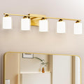 Quntis Gold Bathroom Light Fixtures, 5 Light Modern Vanity Lights Over Mirror, 5 Colors & Stepless Dimmable LED Bathroom Lighting with Milk White Frosted Glass, 33 Inch (Bulbs Included)
