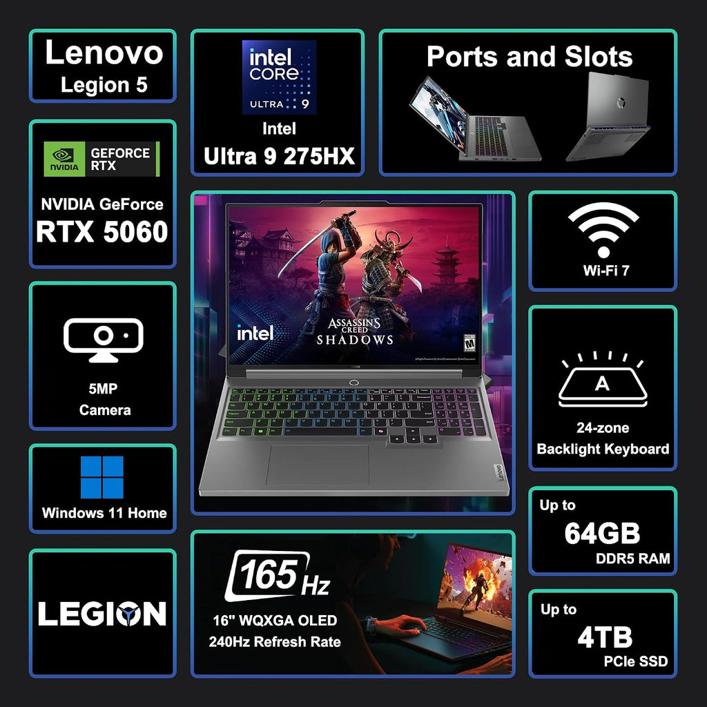 Lenovo Legion 5 Gaming AI Laptop 16' WQXGA 2560x1600 240Hz (100% DCI-P3, 500nits) Intel 24-core Ultra 9 275HX 32GB RAM 1TB SSD GeForce RTX 5060 (Up to 572 AI Tops) RGB Backlit Harman Win11 ICP Hub