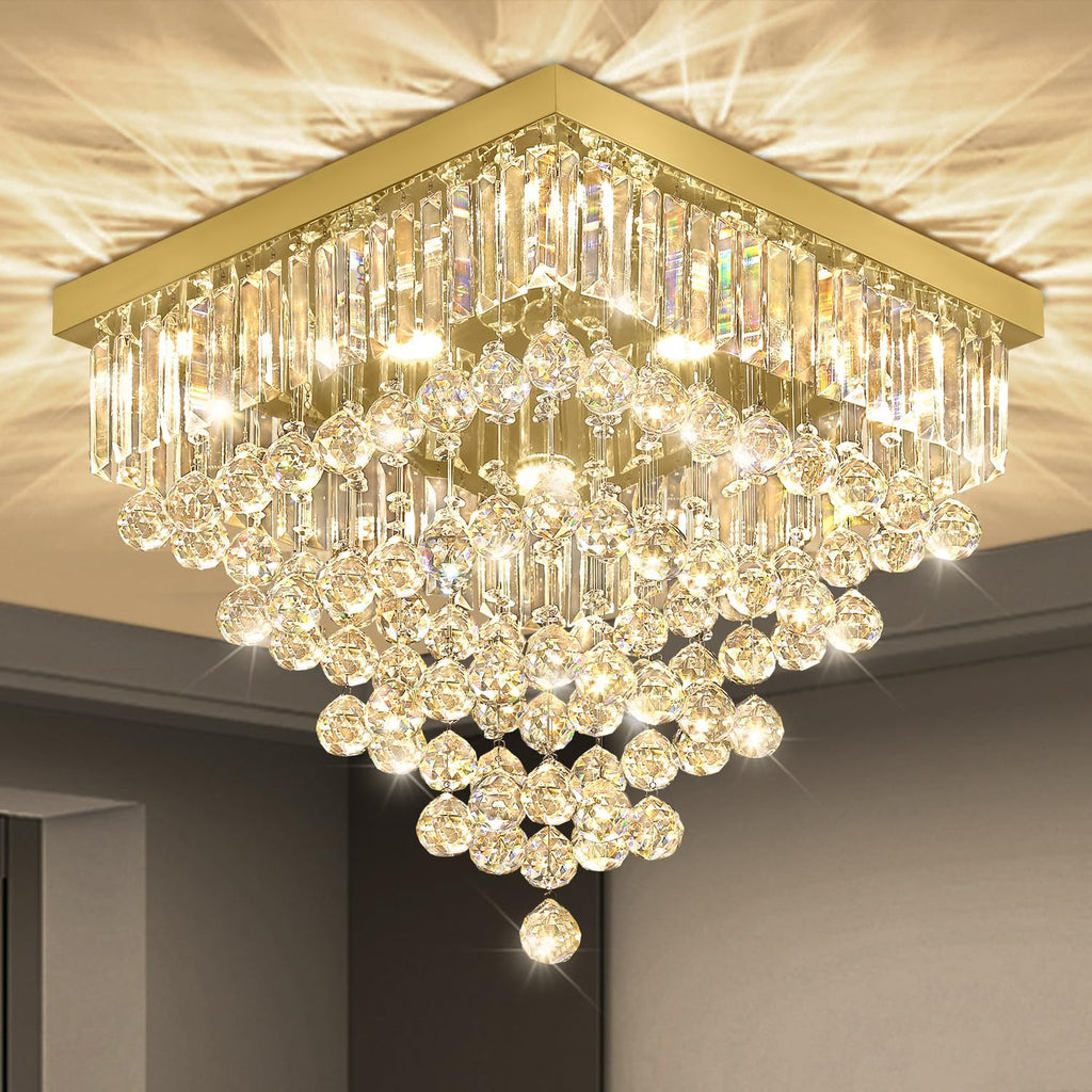 Modern Gold Square Crystal Flush Mount Ceiling Light 20' 6 Lights Luxury K9 Crystal Chandelier Lighting Fixture for Living Room Dining Room Bedroom Kitchen Entryway Hallway Foyer