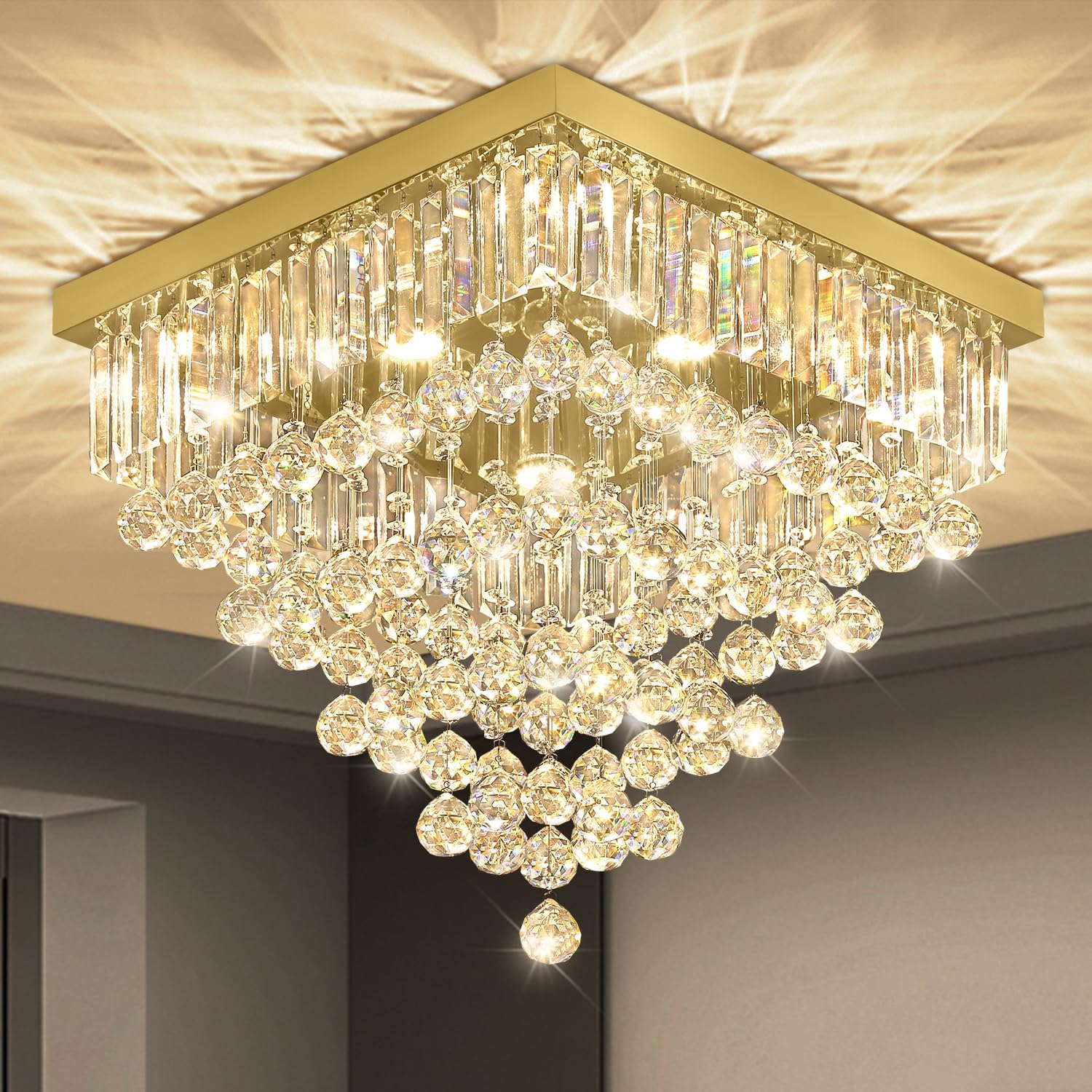 Modern Gold Square Crystal Flush Mount Ceiling Light 20' 6 Lights Luxury K9 Crystal Chandelier Lighting Fixture for Living Room Dining Room Bedroom Kitchen Entryway Hallway Foyer