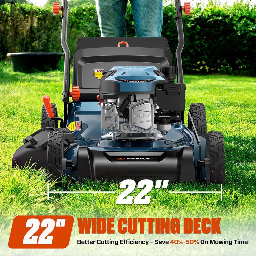 SENIX 22 Inch 3-in-1 Gas Lawn Mower, 201cc Rear Wheel Single Speed Self-Propelled Mower, 4-Cycle Engine, Steel Deck, Mulching, Bagging, Discharging, 6-Position Cutting Height Adjustable, for Yard