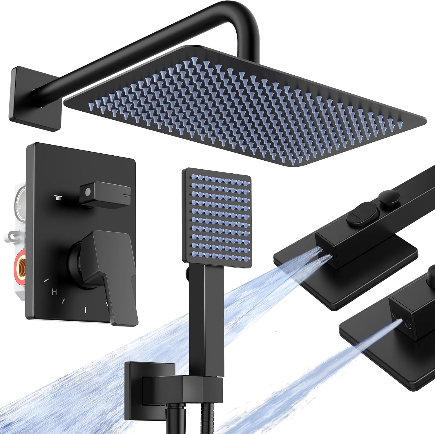 KES Black Shower Faucet Set with 12' Rectangle Rain Head, 18/8 stainless steel Shower Head System with 3-Modes Handheld Spray, Pressure-Balanced Anti-Scald Valve, XB6247S12-BK