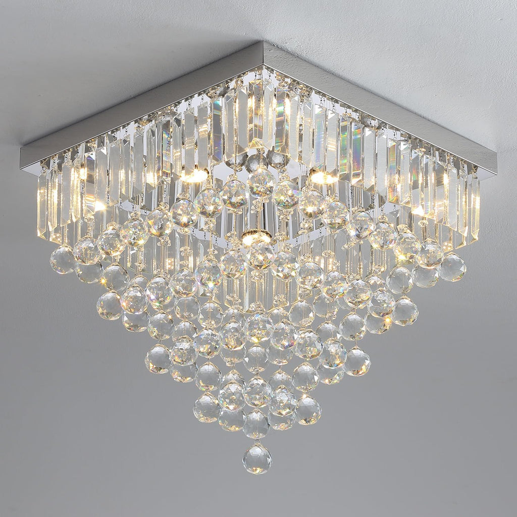 Luxury 20' Square K9 Crystal Flush Mount Chandelier, Modern Silver 6-Light LED Ceiling Light, Dimmable Chandeliers Fixture for Dining Room, Living Room, Bedroom, Entryway