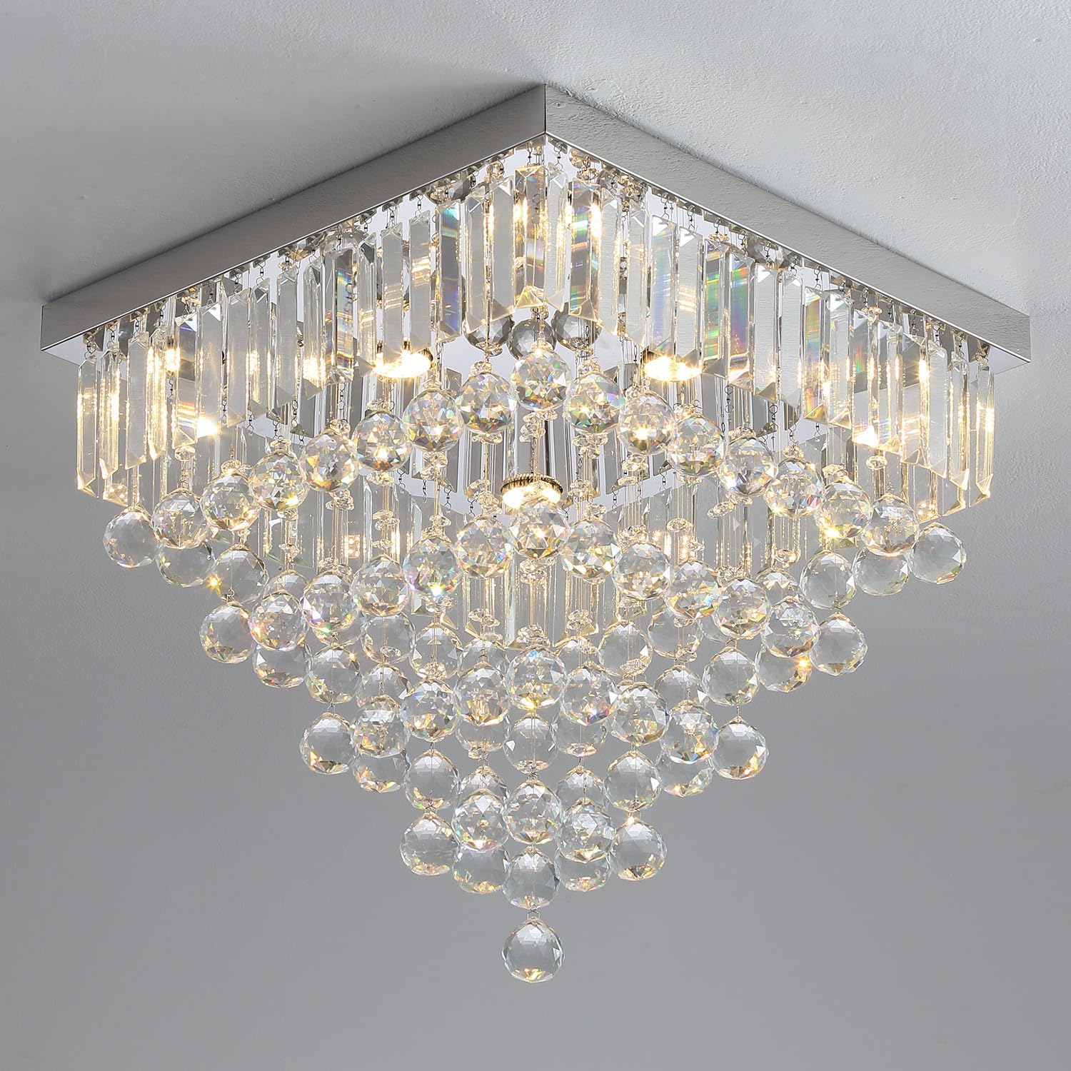 Luxury 20' Square K9 Crystal Flush Mount Chandelier, Modern Silver 6-Light LED Ceiling Light, Dimmable Chandeliers Fixture for Dining Room, Living Room, Bedroom, Entryway