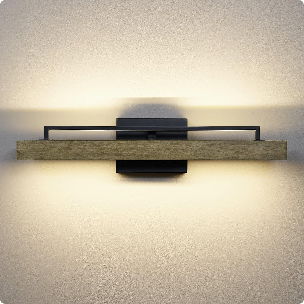 Kira Home Felix 25' Modern Farmhouse Integrated LED Bathroom Vanity Light, 24W 3000K Warm White Light, Hand-Painted Wood Grain Metal Linear Sconce, Smoked Birch and Black Finish