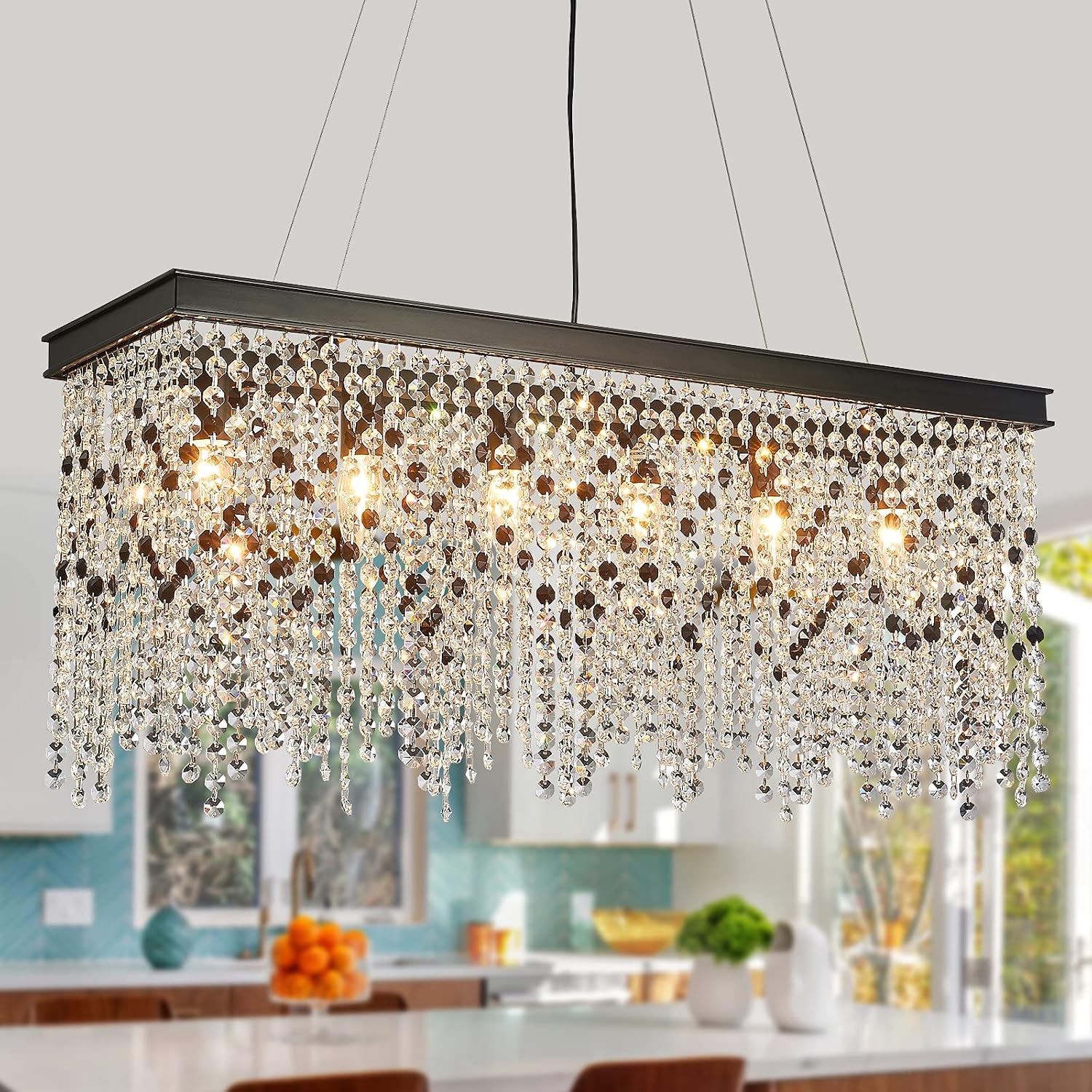 Q&S Black Modern Crystal Chandelier,L30 6-Light Luxury Rectangle Chandelier Light Fixtures for Dining Room Kitchen Island Bar UL Listed