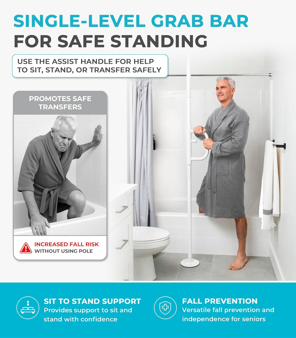 Stander Wonder Pole, Security-Pole and Curve Grab Bar, Tension Mounted Floor to Ceiling Transfer-Pole for Seniors, Elderly Adults, Bathroom Safety Assist and Stability Rail, White