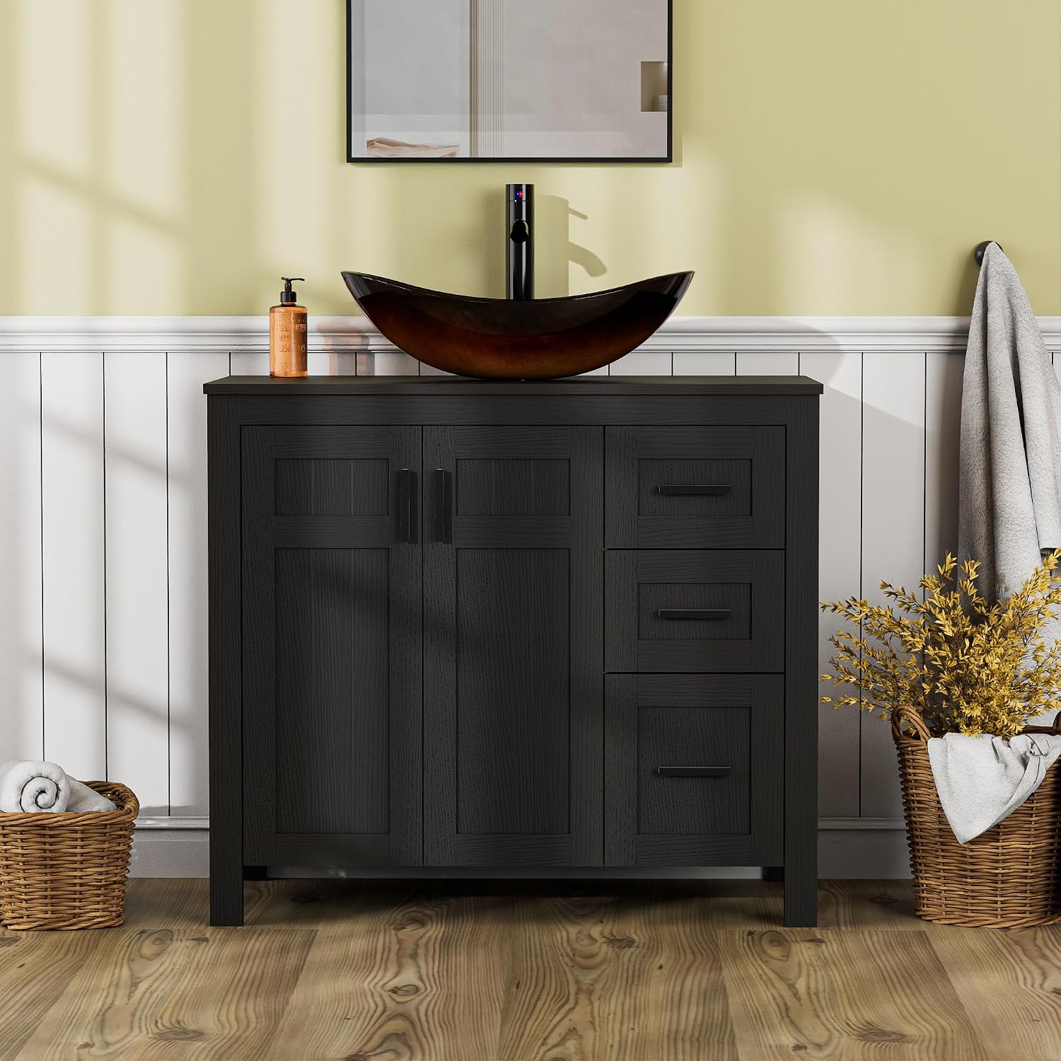 UEV 36' Bathroom Vanity with Sink Combo,Modern Freestanding Sink Cabinet with 3 Drawers,Stylish Bathroom Vanity Cabinet,Grooved Door,Metal Handles,Vessel Sink (Bronze Boat, 36' Black)