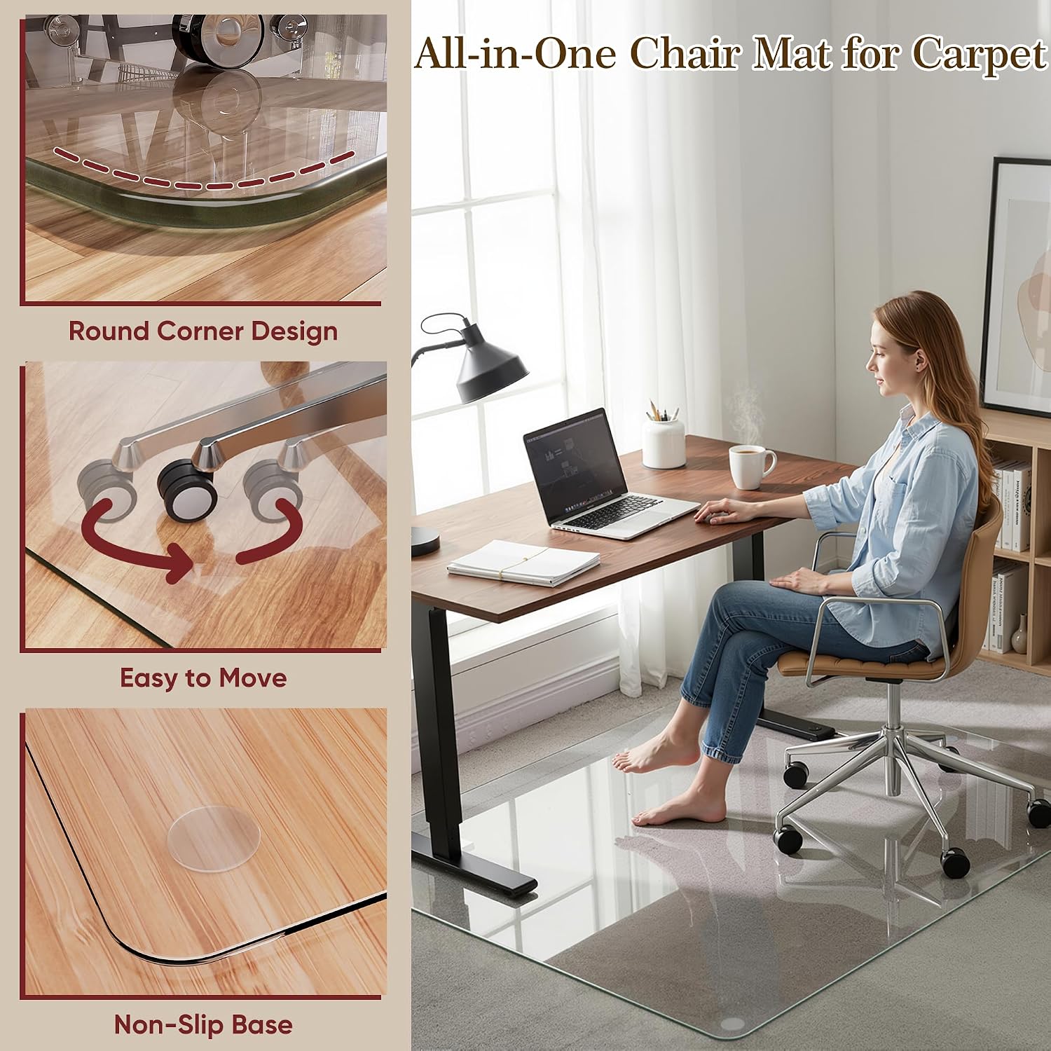 Tempered Glass Chair Mat for Hardwood Floor & Low Pile Carpet, 36' x 55' Heavy Duty Office Chair Mat with Non-Slip Pads, Scratch Resistant Floor Protector for Home Office