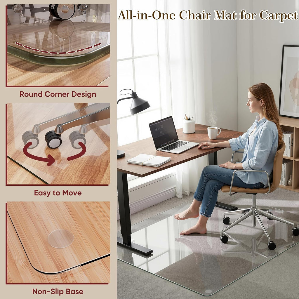 Tempered Glass Chair Mat for Hardwood Floor & Low Pile Carpet, 40' x 60' Heavy Duty Office Chair Mat with Non-Slip Pads, Scratch Resistant Floor Protector for Home Office