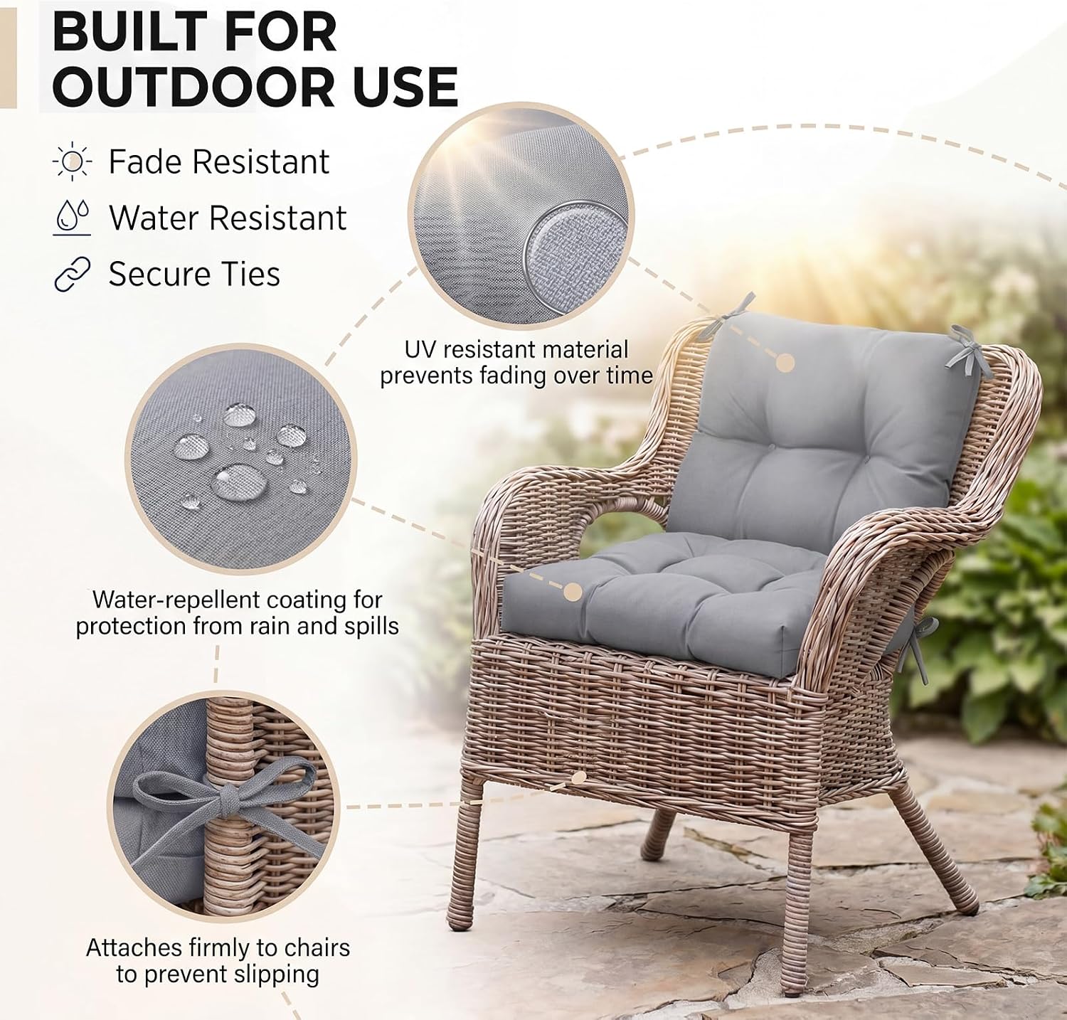 Geetery Outdoor Chair Cushions Set of 4 High Back Patio Furniture Replacement Seat Pads with Ties 42x21x4' for Lawn Porch Wicker Rocking Dining Chairs Weather Resistant Fade Resistant(Light Grey)