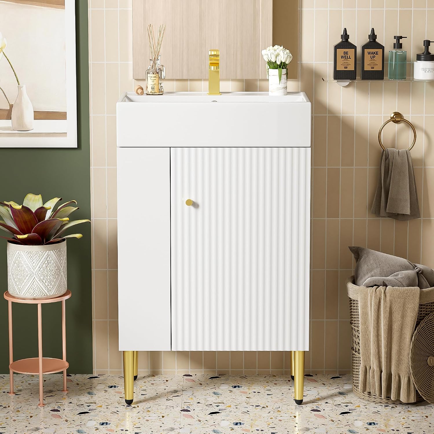Merax 21.6' Single Sink Bathroom Vanity, Freestanding Bathroom Vanity with Open Shlef, Wood Bathroom Cabinet with Ceramic Basin Sink Top, White