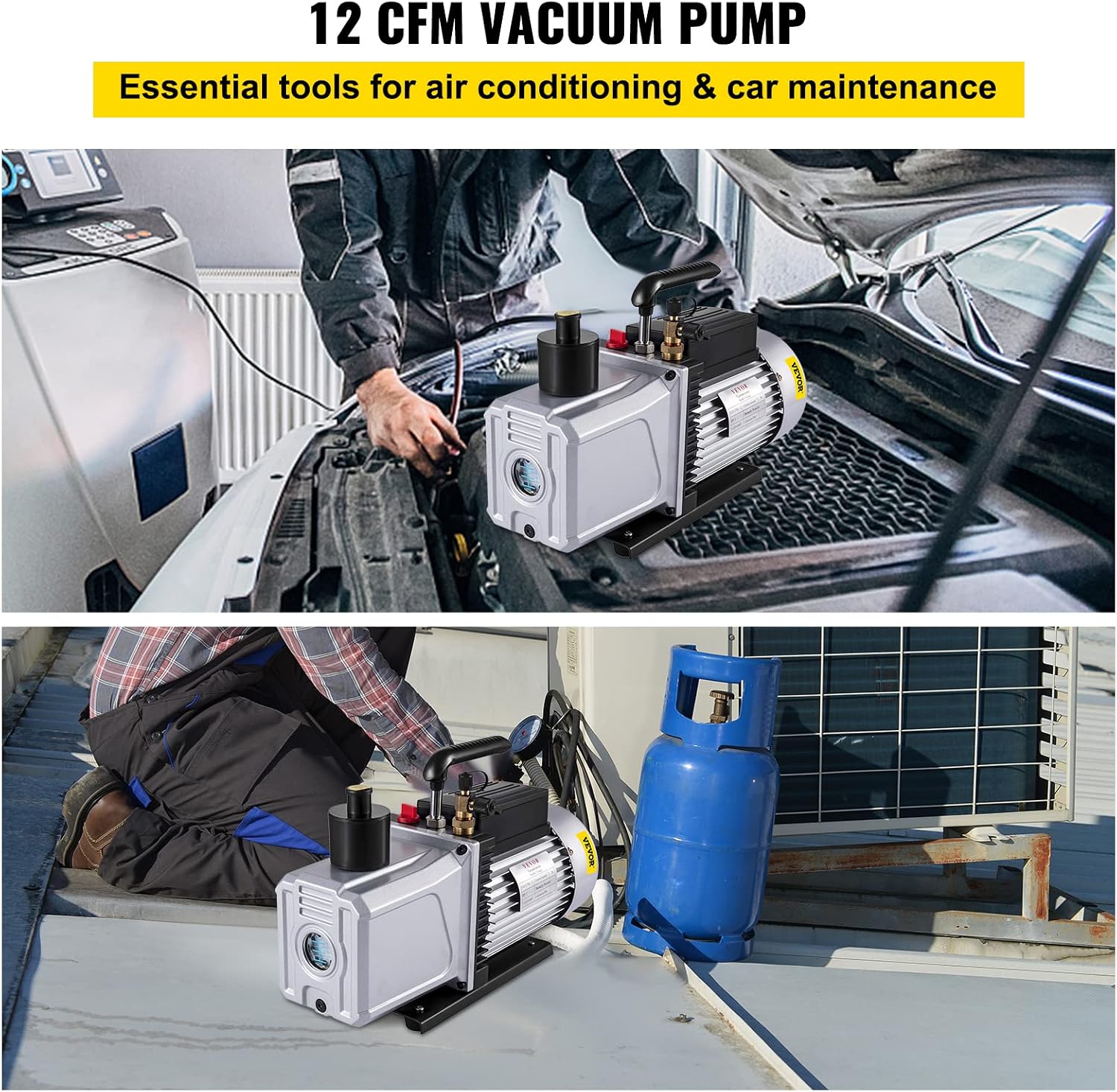 VEVOR Vacuum Pump 12CFM 1 HP Single Stage Air Conditioning Vacuum Pump 110V 5PA Ultimate Vacuum Refrigerant HVAC Air Tool Rotary Vane Vacuum Pump for Automobile Vacuum Evacuation