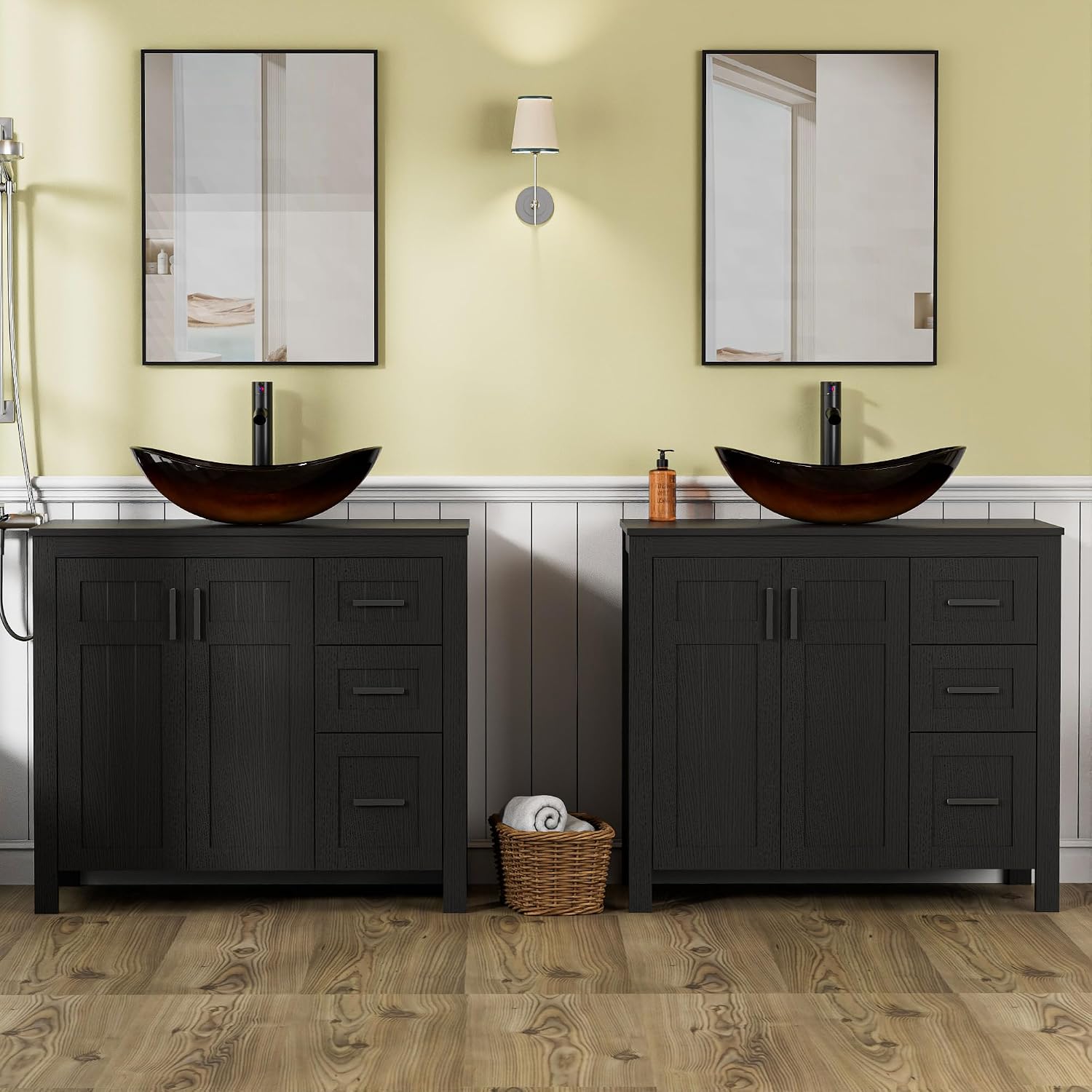 UEV 36' Bathroom Vanity with Sink Combo,Modern Freestanding Sink Cabinet with 3 Drawers,Stylish Bathroom Vanity Cabinet,Grooved Door,Metal Handles,Vessel Sink (Bronze Boat, 36' Black)