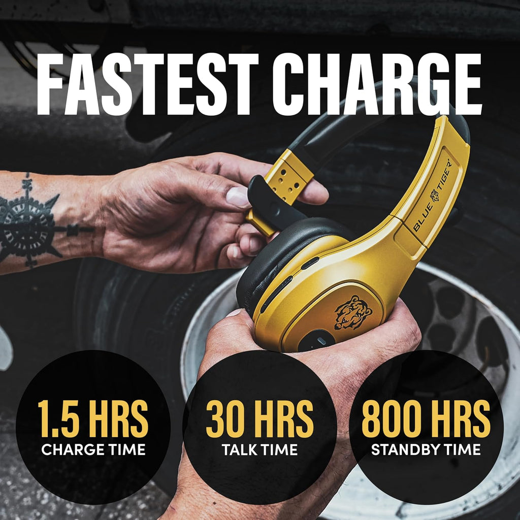 Blue Tiger Storm Gold - Premium Trucker Bluetooth Headset-Wireless Noise Canceling Mono Headset with Mic -High-Fidelity Sound, 30-Hour Talk Time, USB-C Charging - for Truck Drivers, Bluetooth 5.0