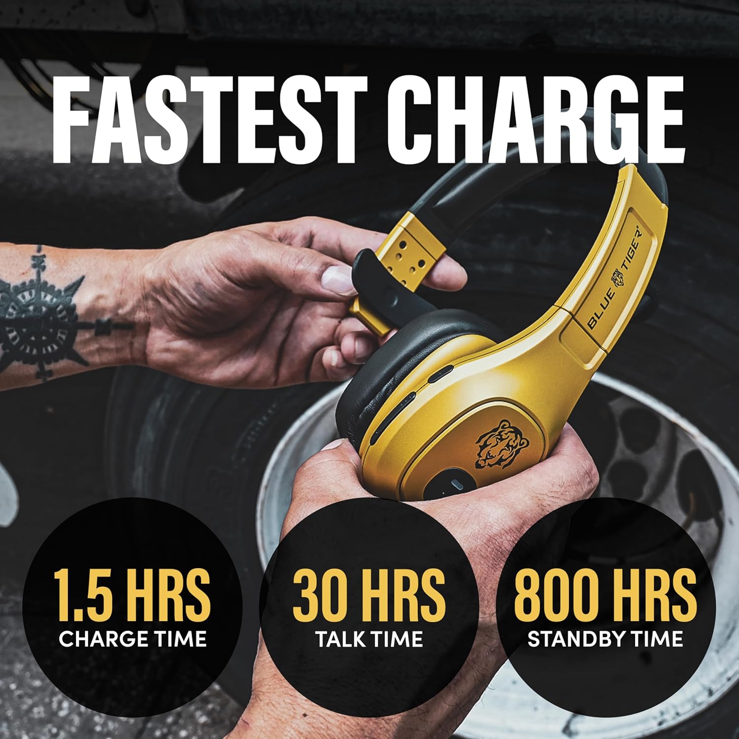 Blue Tiger Storm Gold - Premium Trucker Bluetooth Headset-Wireless Noise Canceling Mono Headset with Mic -High-Fidelity Sound, 30-Hour Talk Time, USB-C Charging - for Truck Drivers, Bluetooth 5.0