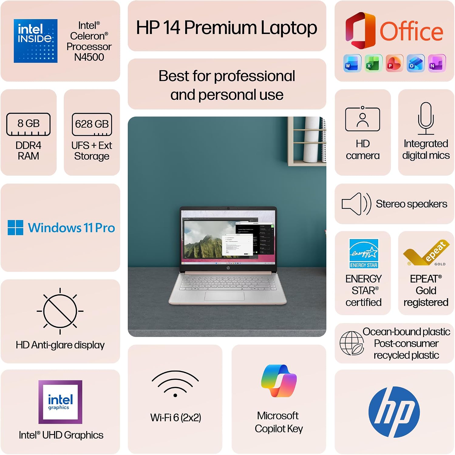 HP Flagship 14' Laptop Computer for 2026 Student Business, Win 11 Pro, Copilot AI, Intel CPU Up to 2.8GHz, 8GB RAM, 628GB Storage (128GB SSD+500GB Ext), Wi-Fi 6, HubxcelAccessory, MS Office, Rose Gold