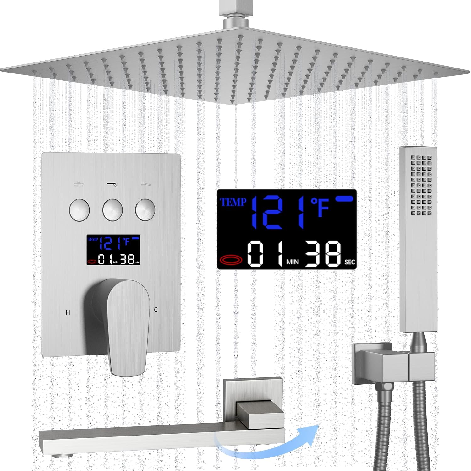 Brushed Nickel Tub Shower Faucet Set AYIVG Ceiling Mounted Shower System with Tub Spout 12 Inch Rain Shower Head and Handheld Shower Fixtures With Temperature Display Push Botton Shower Diverter Valve