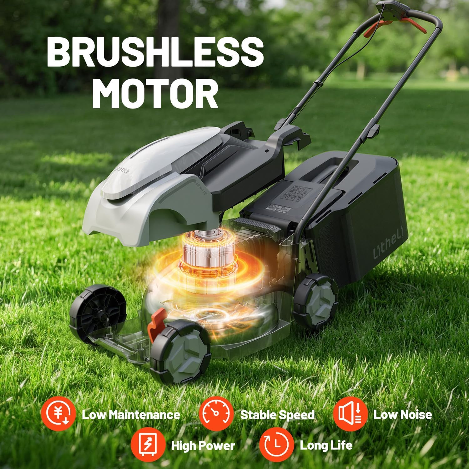 Litheli Electric Lawn Mower Cordless,Grass Cutter Machine for 2800 Sq. Ft.Lawnmower with Brushless Motor, 13.3 In Cutting Width, Cutting Height from 1 In to 2.5 In, Includes 5.0 Ah Battery and charger