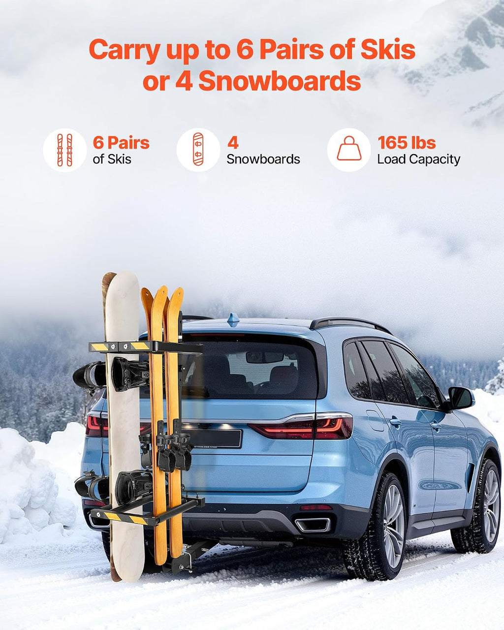 VEVOR Folding Hitch Mounted Ski & Snowboard Rack, Fits 2-Inch Receiver, Carries up to 6 Pairs of Skis or 4 Snowboards, Adjustable Hitch-Mounted Rack for Car with Key Lock, Security Strap, Tilt Access